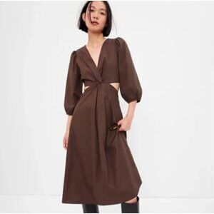 Gap Puff Sleeve Cut Out Midi Dress Long Sleeve Brown Size M